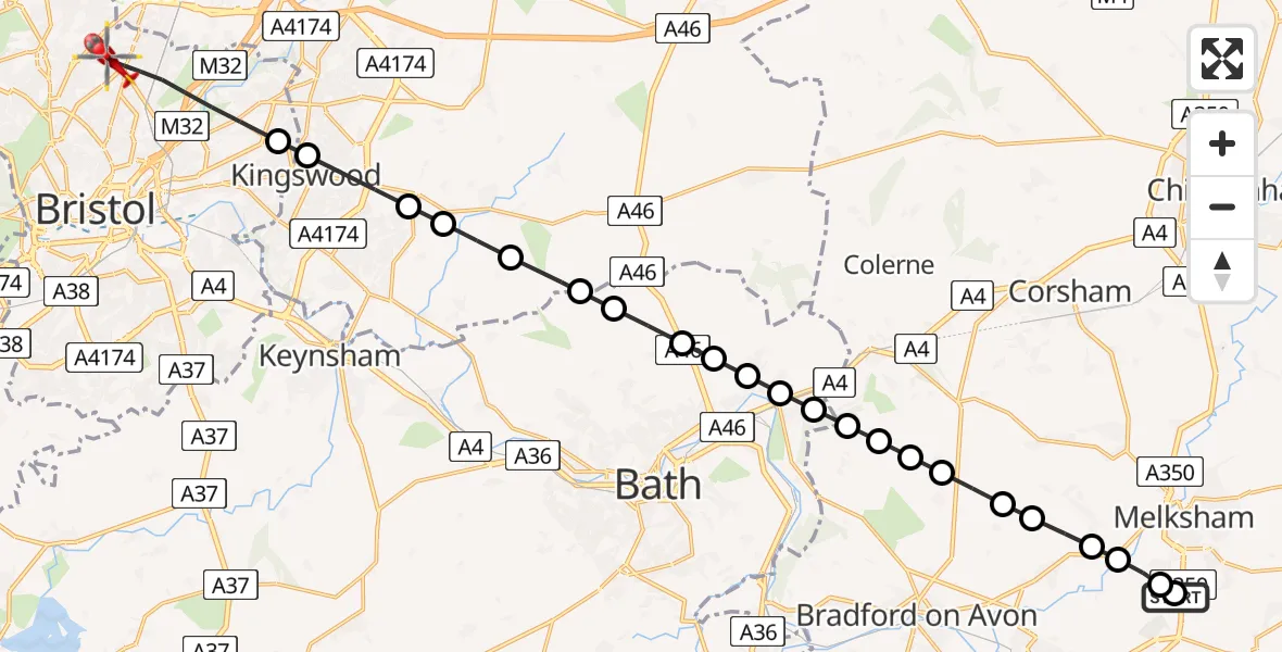 Flight route Air Ambulance Helicopter Wiltshire Air Ambulance - Bristol, 21 June 2026, 12:41