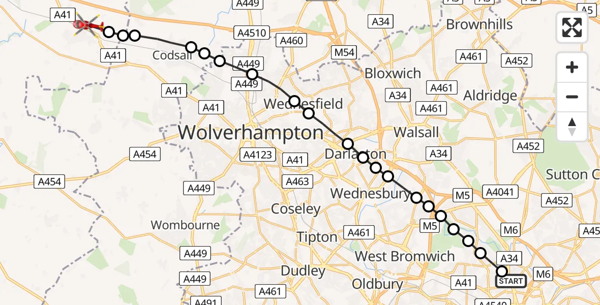Flight route Air Ambulance Helicopter Lozells - Albrighton, 21 June 2026, 12:43