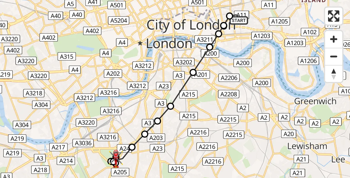 Flight route Air Ambulance Helicopter Royal London Hospital - Clapham, 21 June 2026, 12:44