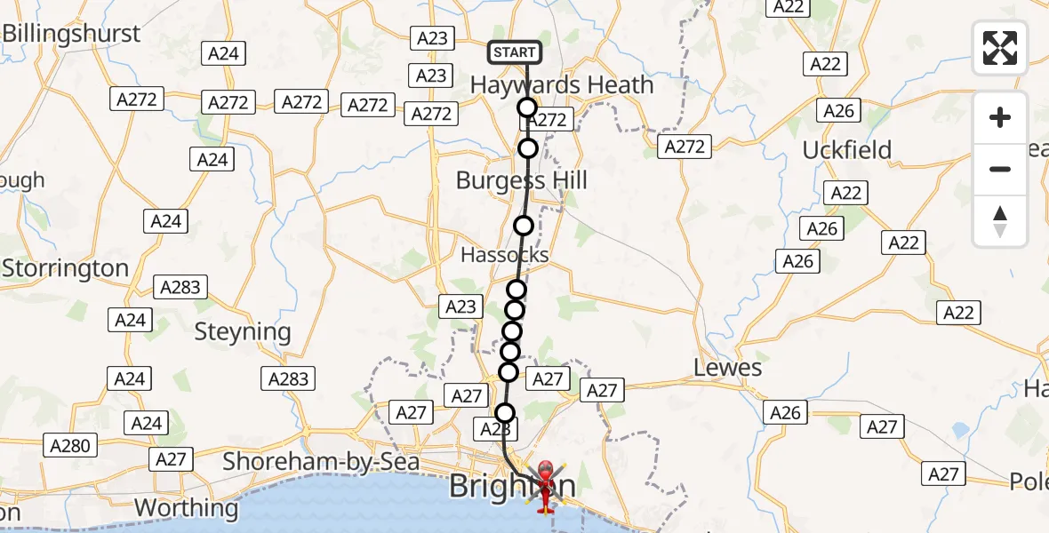 Flight route Air Ambulance Helicopter Cuckfield - Brighton, 21 June 2026, 12:56