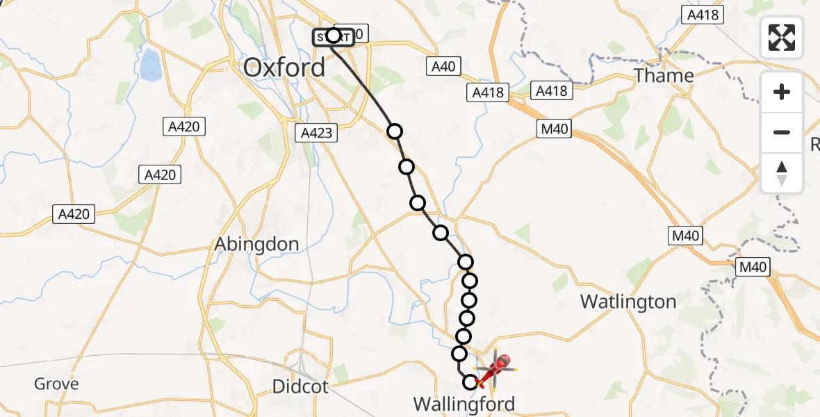 Flight route Air Ambulance Helicopter John Radcliffe Hospital - RAF Benson, 21 June 2026, 13:01