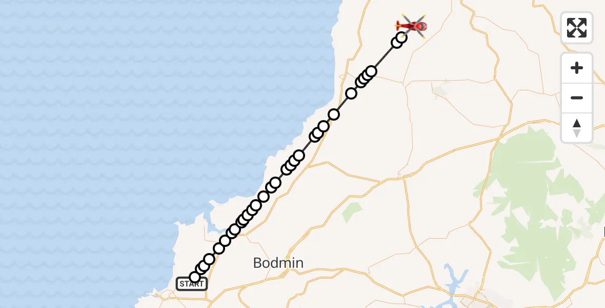 Flight route Air Ambulance Helicopter Cornwall Airport Newquay - Torridge, 21 June 2026, 13:05