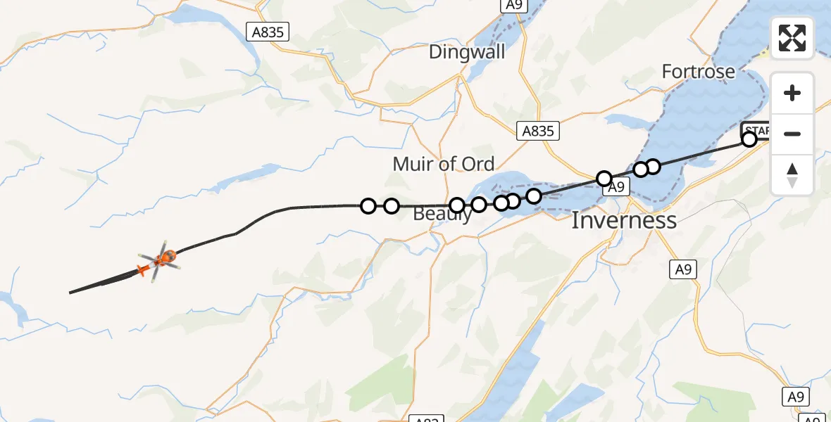 Flight route Coastguard Helicopter Inverness Airport - Highland, 21 June 2026, 13:10