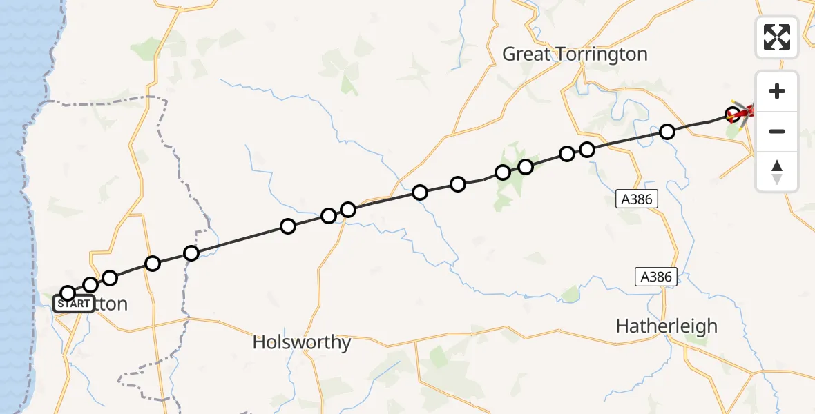 Flight route Air Ambulance Helicopter Stratton - Roborough, 21 June 2026, 13:29