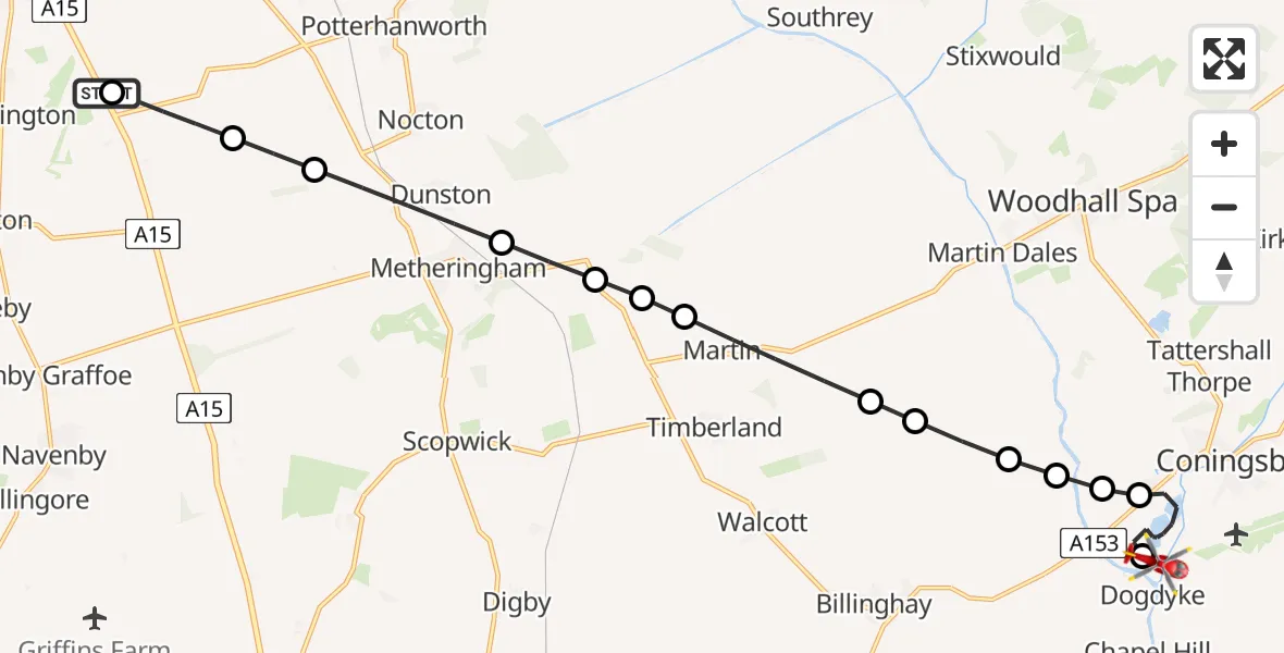 Flight route Air Ambulance Helicopter RAF Waddington - Coningsby, 21 June 2026, 13:29