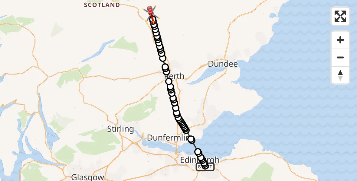 Flight route Air Ambulance Helicopter RIE Rooftop - Perth and Kinross, 21 June 2026, 13:34