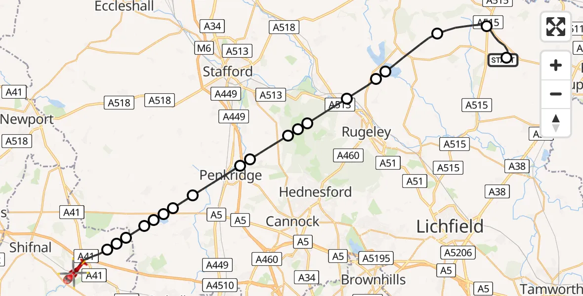 Flight route Air Ambulance Helicopter Tatenhill Airfield - Cosford, 21 June 2026, 13:36
