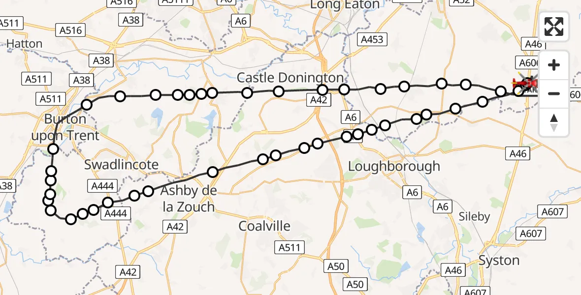 Flight route Air Ambulance Helicopter Rushcliffe - Nottingham Heliport, 21 June 2026, 13:39
