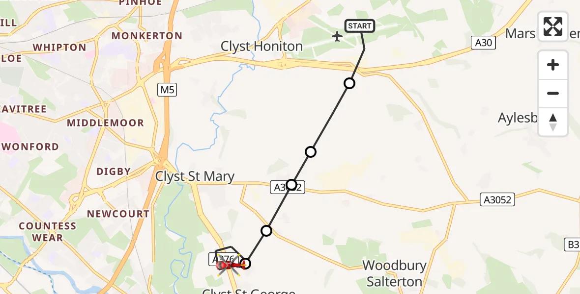 Flight route Air Ambulance Helicopter Exeter International Airport - Clyst St. George, 21 June 2026, 13:45