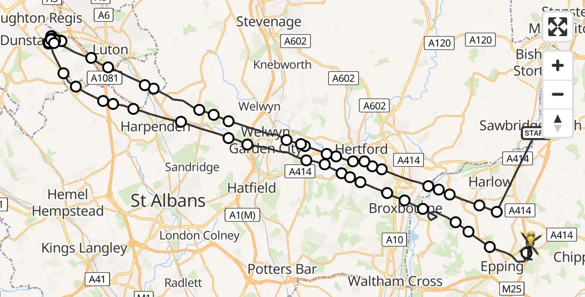 Flight route Police Helicopter Sawbridgeworth - North Weald Airfield, 21 June 2026, 13:45
