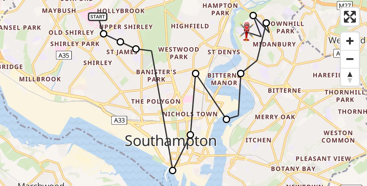 Flight route Air Ambulance Helicopter University Hospital Southampton - Bitterne Park, 21 June 2026, 13:49