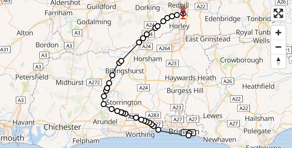 Flight route Air Ambulance Helicopter Brighton - Redhill Aerodrome, 21 June 2026, 13:49