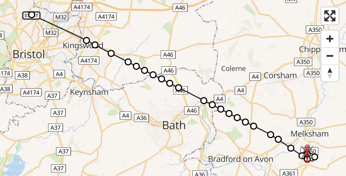 Flight route Air Ambulance Helicopter Southmead Hospital - Wiltshire Air Ambulance, 21 June 2026, 13:57