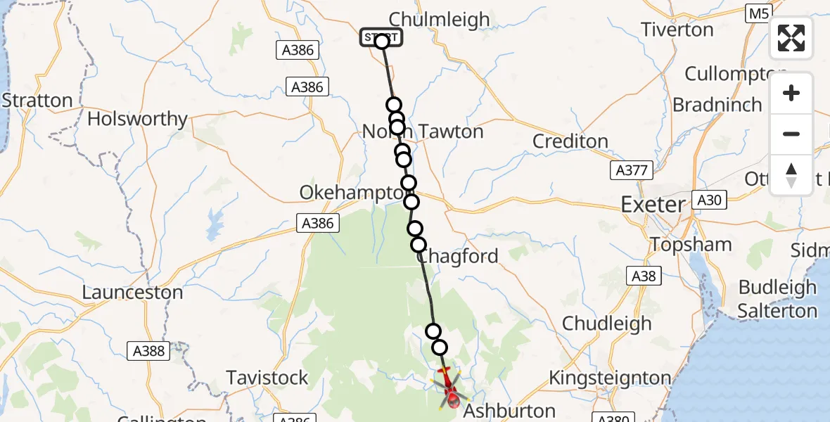 Flight route Air Ambulance Helicopter Ashreigney - Widecombe-in-the-Moor, 21 June 2026, 13:59