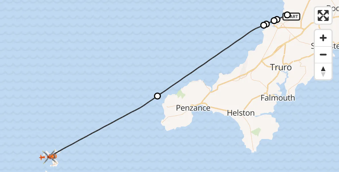 Flight route Coastguard Helicopter Cornwall Airport Newquay - Tresco Heliport, 21 June 2026, 14:06