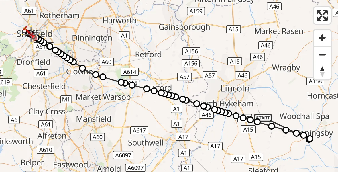 Flight route Air Ambulance Helicopter Dunston - Sheffield Childrens Hospital, 21 June 2026, 14:13