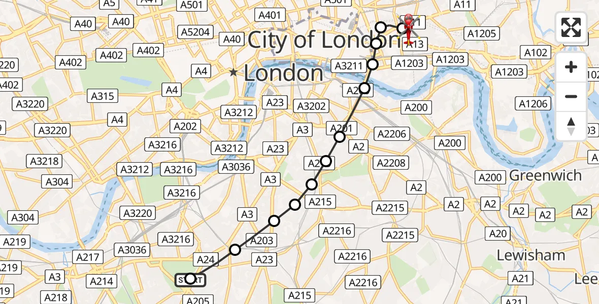 Flight route Air Ambulance Helicopter Clapham - Royal London Hospital, 21 June 2026, 14:17