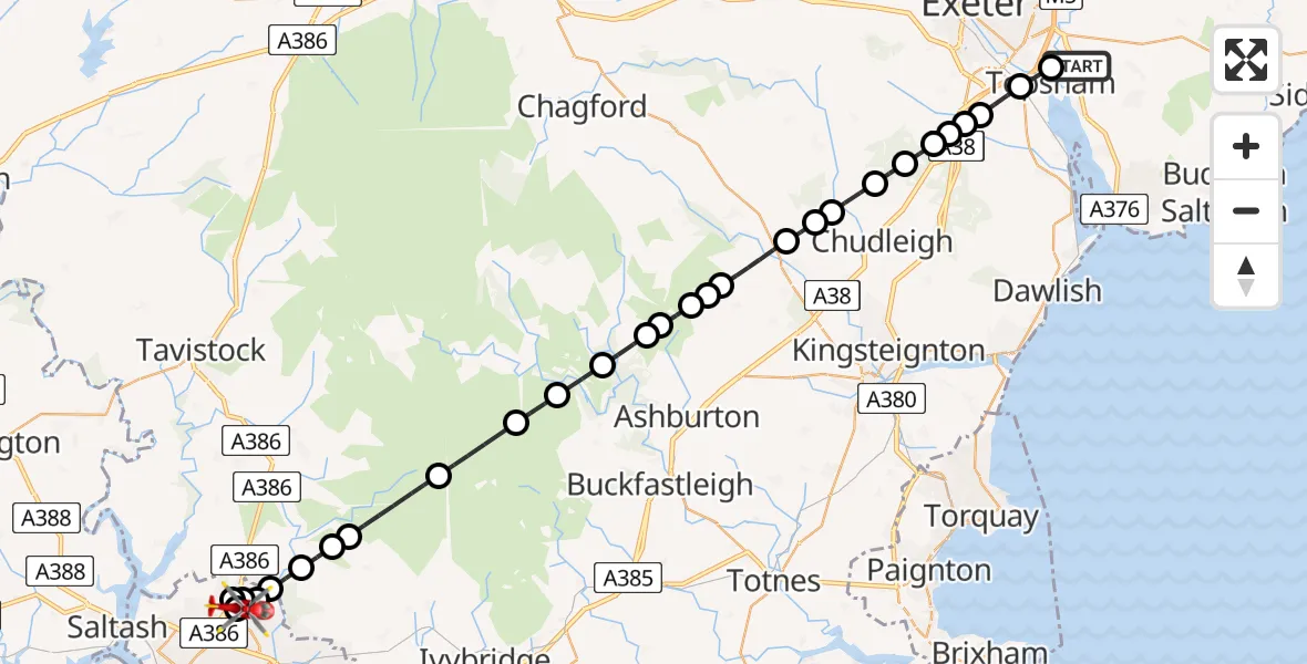 Flight route Air Ambulance Helicopter Clyst St. George - Derriford Hospital, 21 June 2026, 14:28