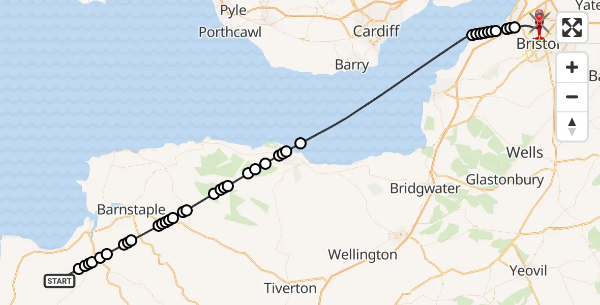 Flight route Air Ambulance Helicopter Torridge - Bristol, 21 June 2026, 14:33