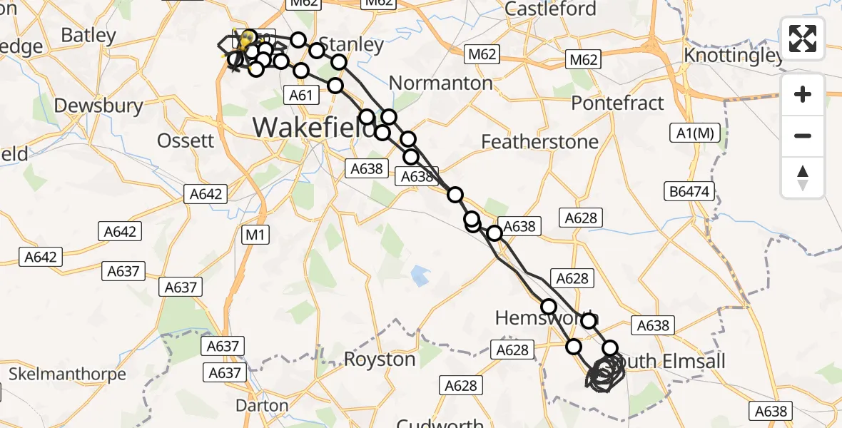 Flight route Police Helicopter Wrenthorpe - East Ardsley, 21 June 2026, 14:36