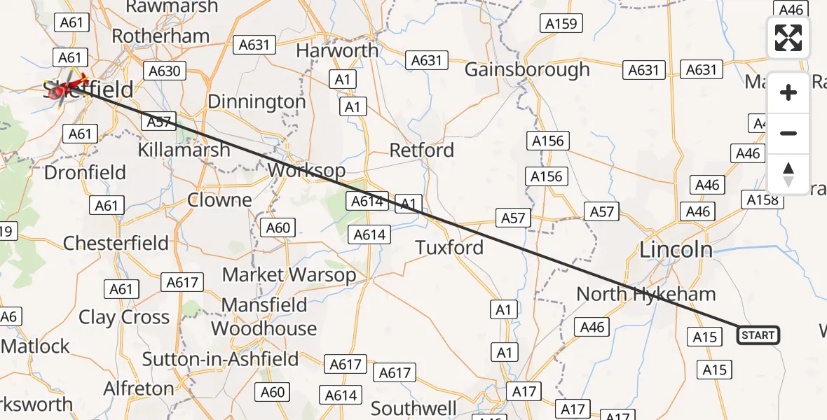 Flight route Air Ambulance Helicopter Dunston - Broomhill, 21 June 2026, 14:41