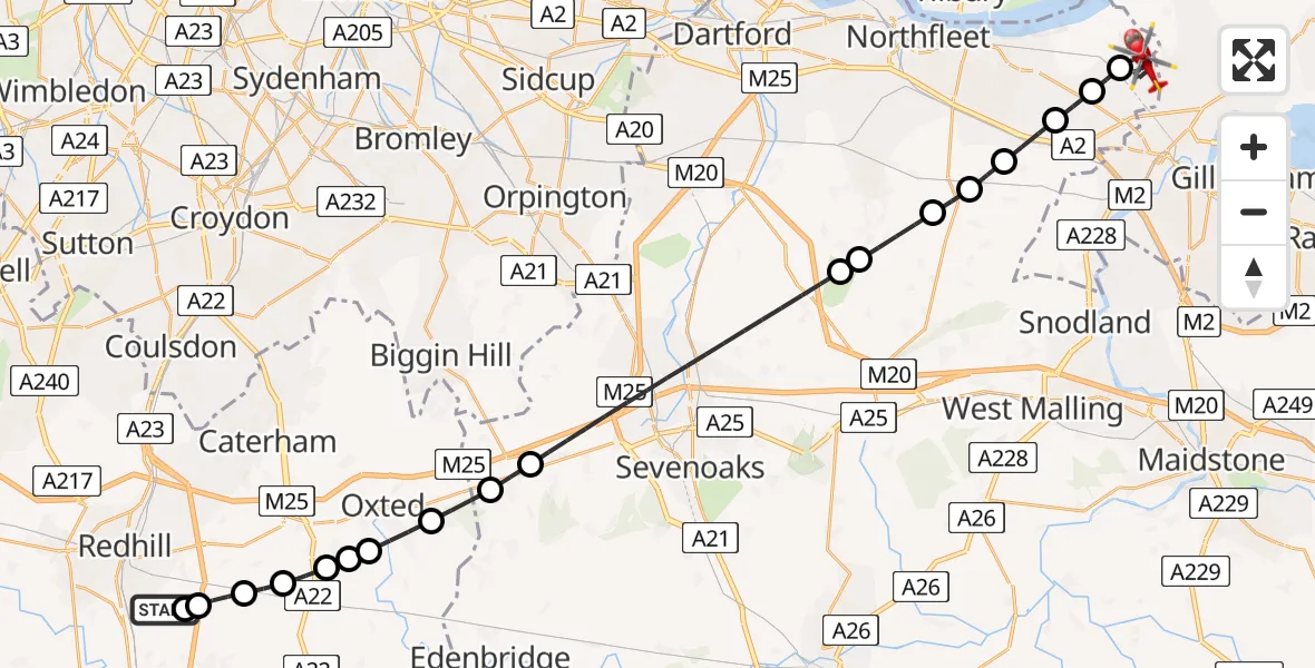 Flight route Air Ambulance Helicopter Redhill Aerodrome - Lower Higham, 21 June 2026, 14:49