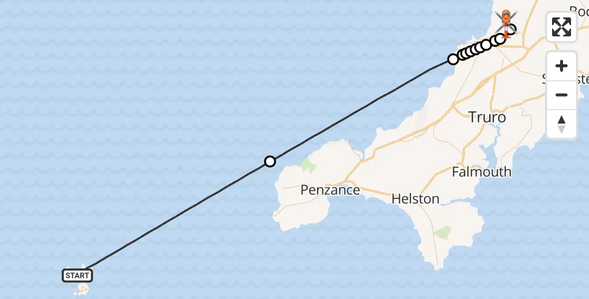 Flight route Coastguard Helicopter North Atlantic Ocean - Cornwall Airport Newquay, 21 June 2026, 14:50