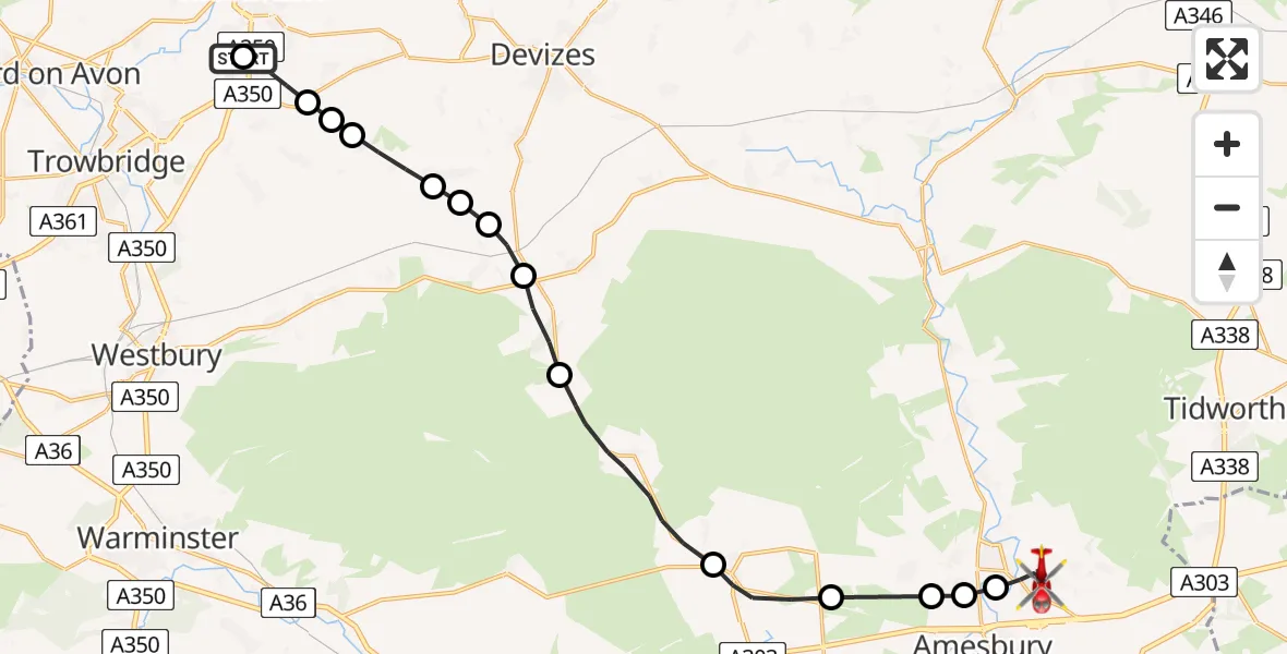 Flight route Air Ambulance Helicopter Wiltshire Air Ambulance - Bulford, 21 June 2026, 14:55