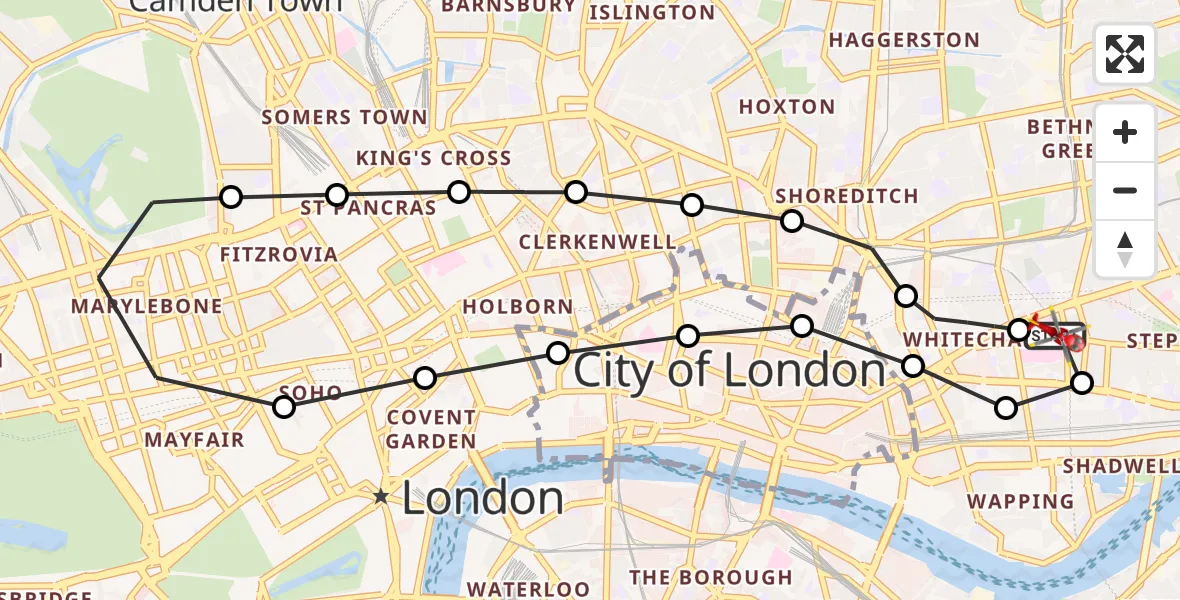 Flight route Air Ambulance Helicopter Royal London Hospital - Royal London Hospital, 21 June 2026, 15:02