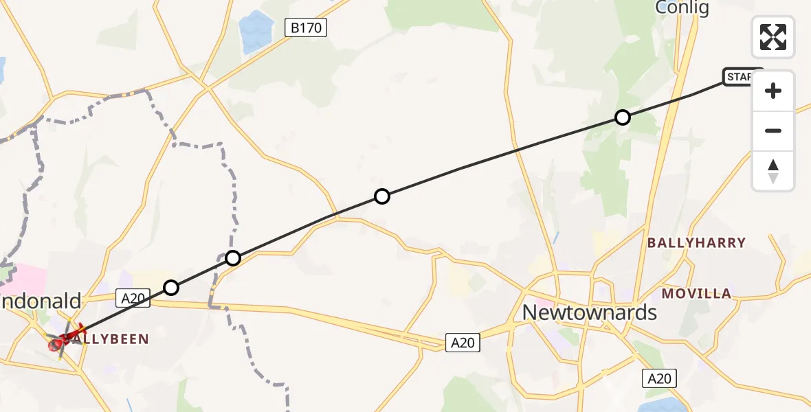 Flight route Air Ambulance Helicopter Bangor - Dundonald, 21 June 2026, 15:03