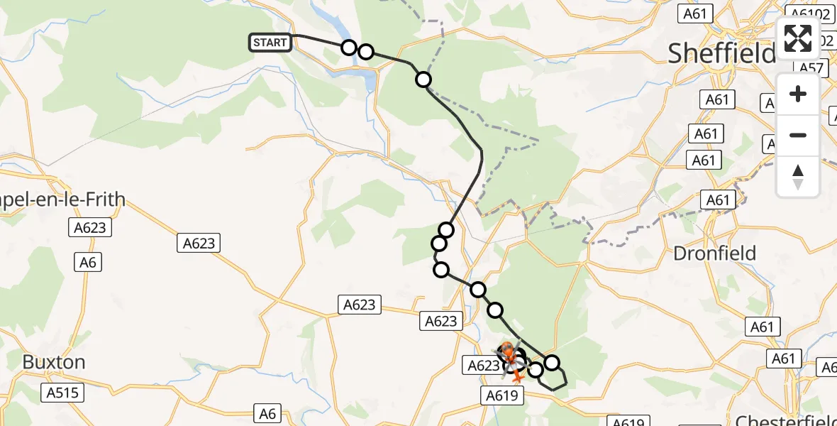 Flight route Coastguard Helicopter High Peak - Curbar CP, 21 June 2026, 15:04