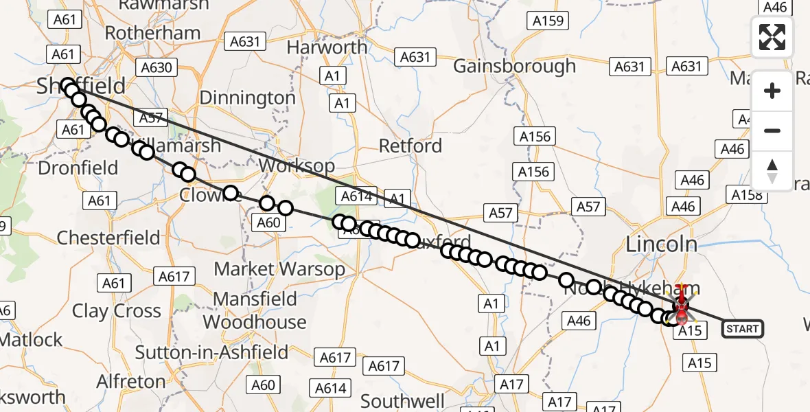 Flight route Air Ambulance Helicopter Dunston - North Kesteven, 21 June 2026, 15:04