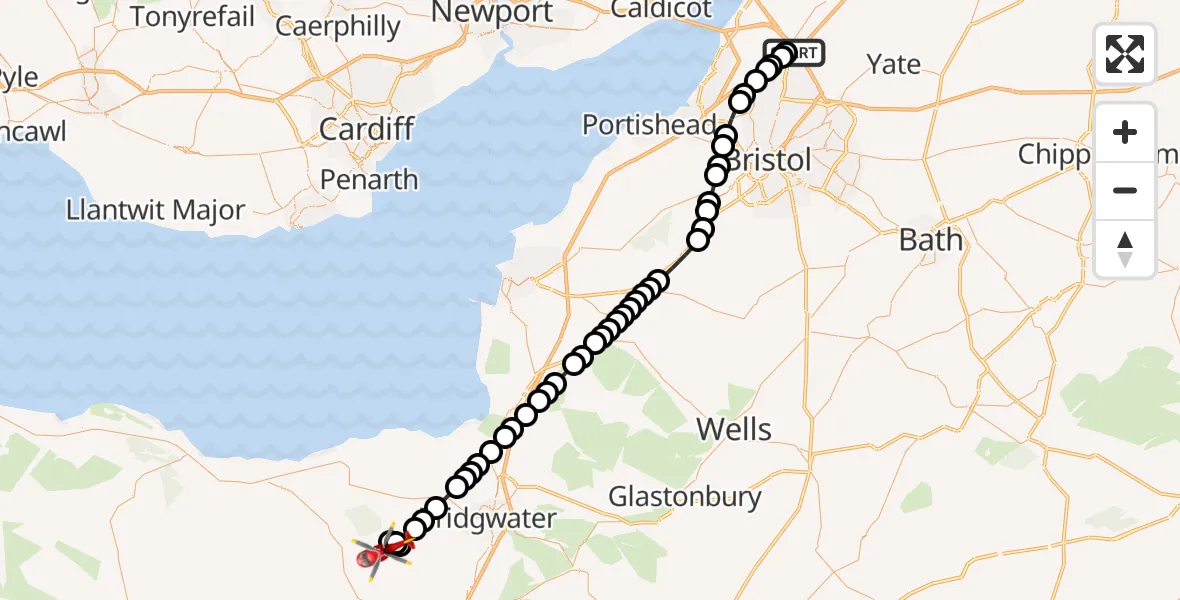 Flight route Air Ambulance Helicopter Almondsbury Helicopter Base - Bishop's Lydeard, 21 June 2026, 15:08