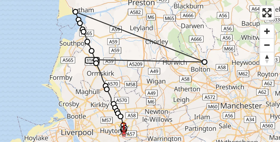 Flight route Air Ambulance Helicopter Scarisbrick - Whiston, 21 June 2026, 15:13