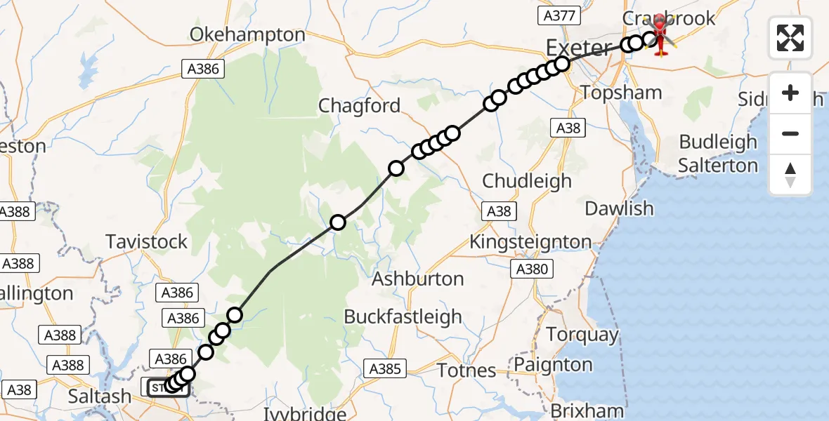 Flight route Air Ambulance Helicopter Derriford Hospital - Exeter International Airport, 21 June 2026, 15:19