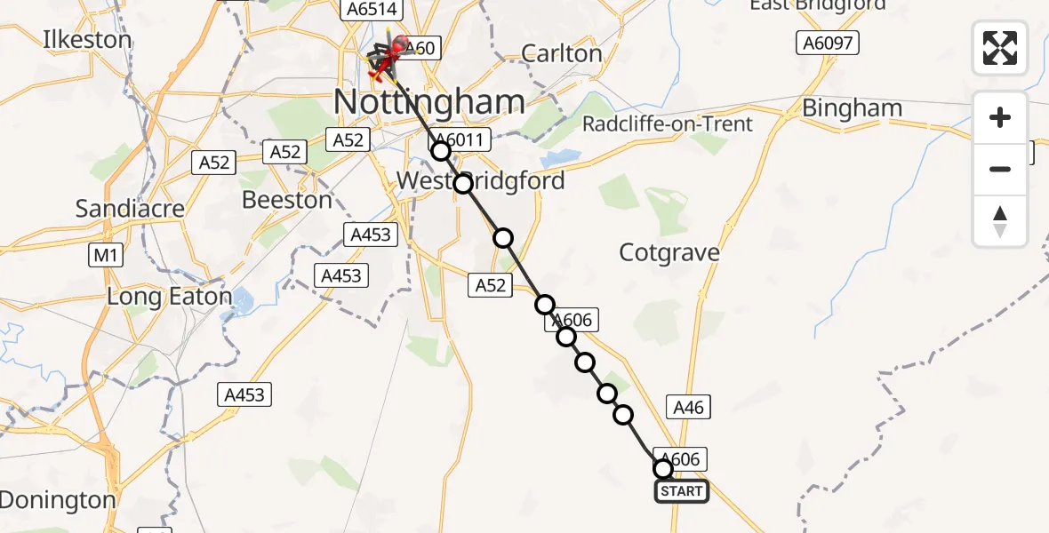 Flight route Air Ambulance Helicopter Rushcliffe - City of Nottingham, 21 June 2026, 15:21