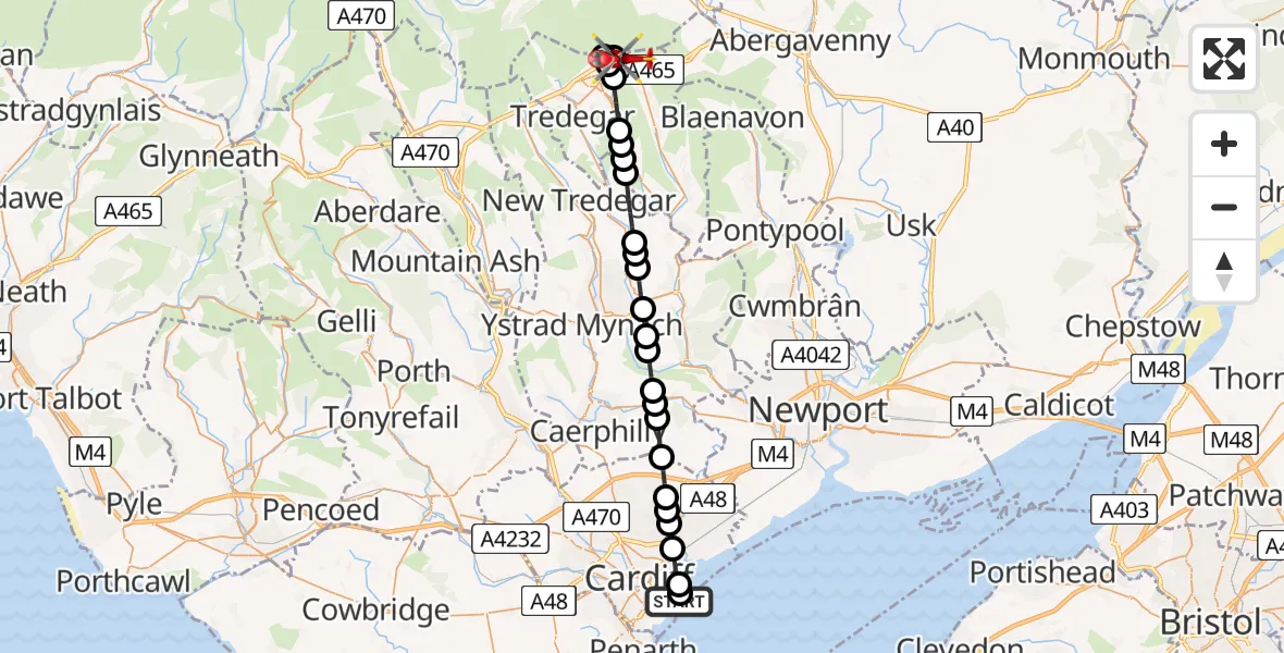 Flight route Air Ambulance Helicopter Cardiff Heliport - Garnlydan, 21 June 2026, 15:23
