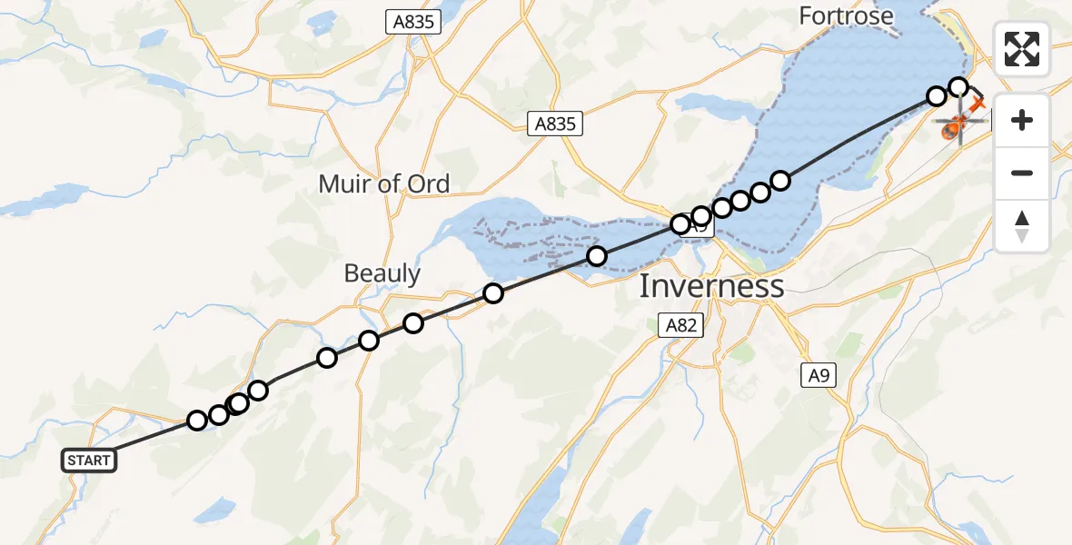 Flight route Coastguard Helicopter River Glass - Inverness Airport, 21 June 2026, 15:26