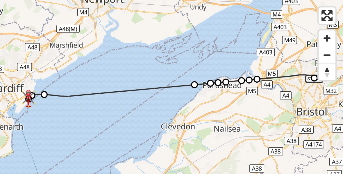 Flight route Air Ambulance Helicopter Southmead Hospital - Cardiff Heliport, 21 June 2026, 15:28