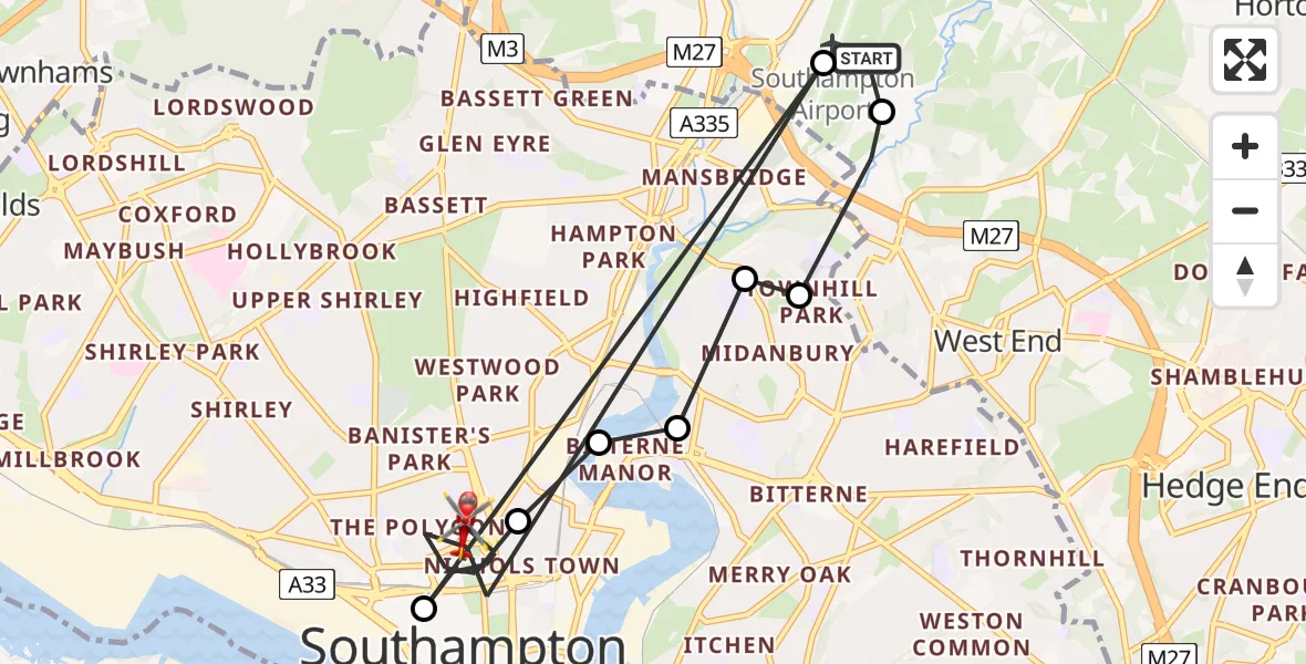 Flight route Air Ambulance Helicopter Southampton Airport - The Polygon, 21 June 2026, 15:29