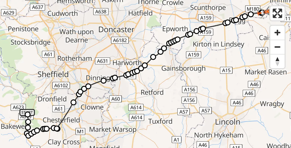 Flight route Coastguard Helicopter Curbar CP - Humberside Airport, 21 June 2026, 15:29
