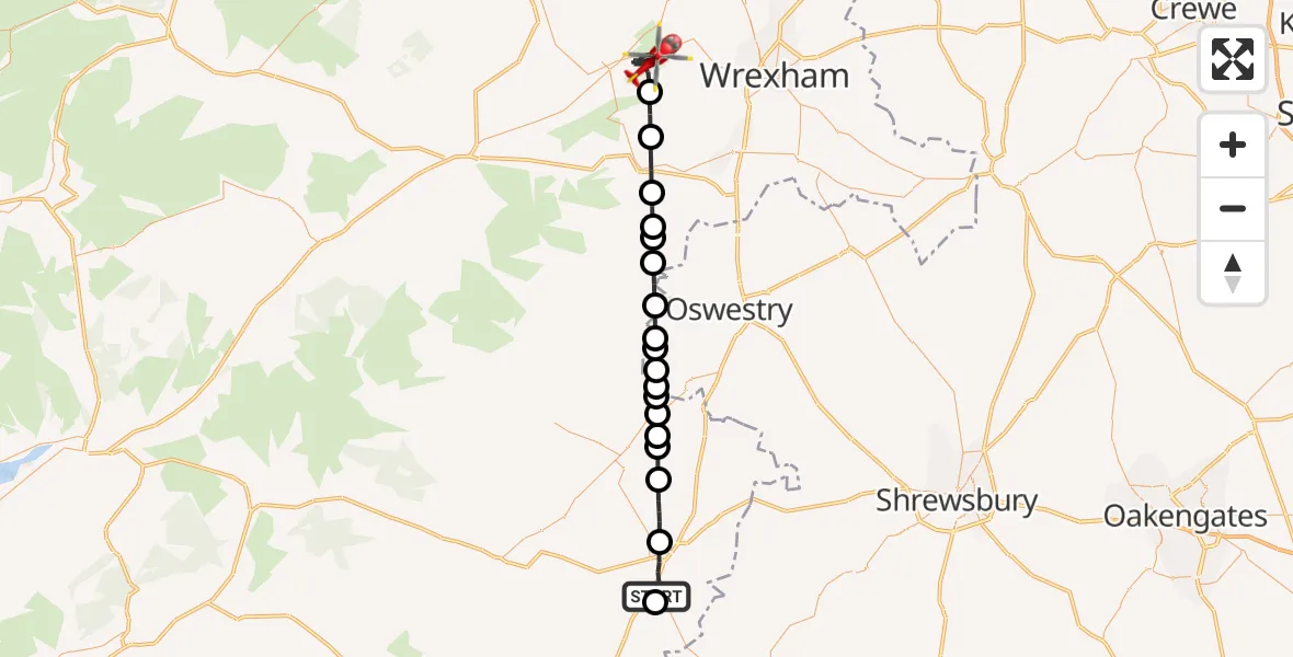 Flight route Air Ambulance Helicopter Welshpool Airport - Llandegla, 21 June 2026, 15:29