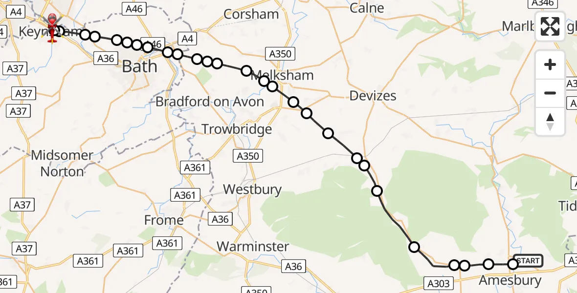 Flight route Air Ambulance Helicopter Bulford - Keynsham, 21 June 2026, 15:37