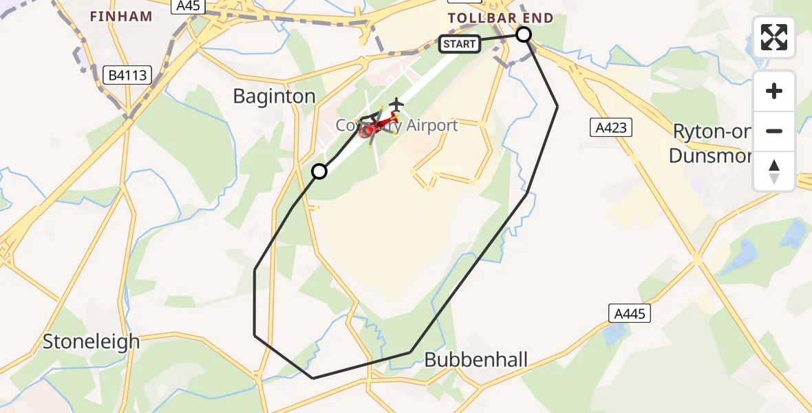 Flight route Air Ambulance Helicopter Coventry Airport - Coventry Airport, 21 June 2026, 15:52