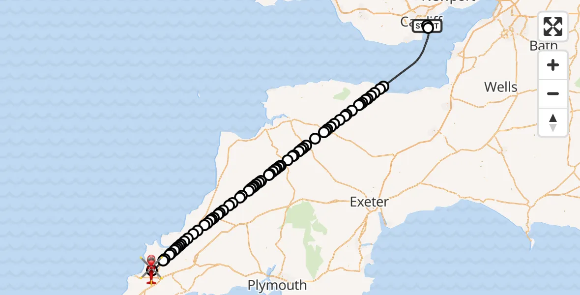 Flight route Air Ambulance Helicopter Cardiff Heliport - Cornwall Airport Newquay, 21 June 2026, 15:53