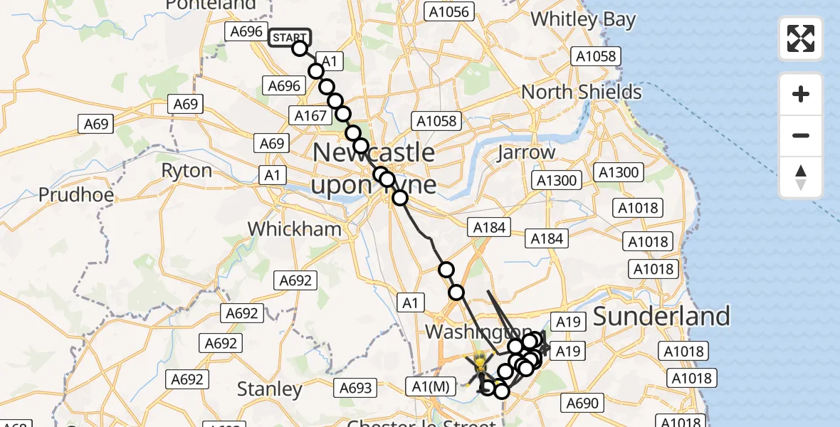 Flight route Police Helicopter Newcastle International Airport - Washington, 21 June 2026, 15:55