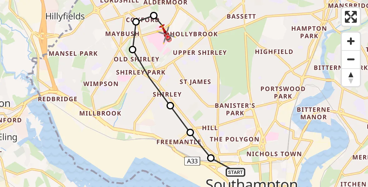 Flight route Air Ambulance Helicopter The Polygon - University Hospital Southampton, 21 June 2026, 15:56
