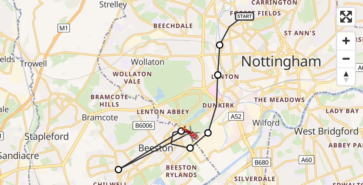 Flight route Air Ambulance Helicopter City of Nottingham - Beeston, 21 June 2026, 15:59