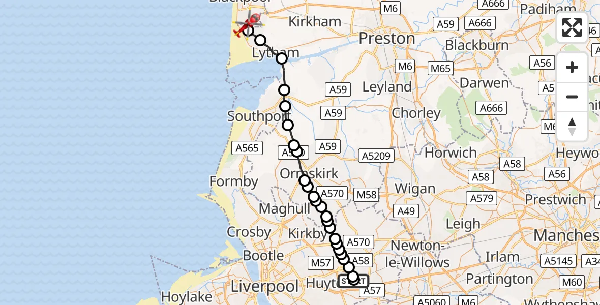 Flight route Air Ambulance Helicopter Whiston - Common Edge, 21 June 2026, 15:59