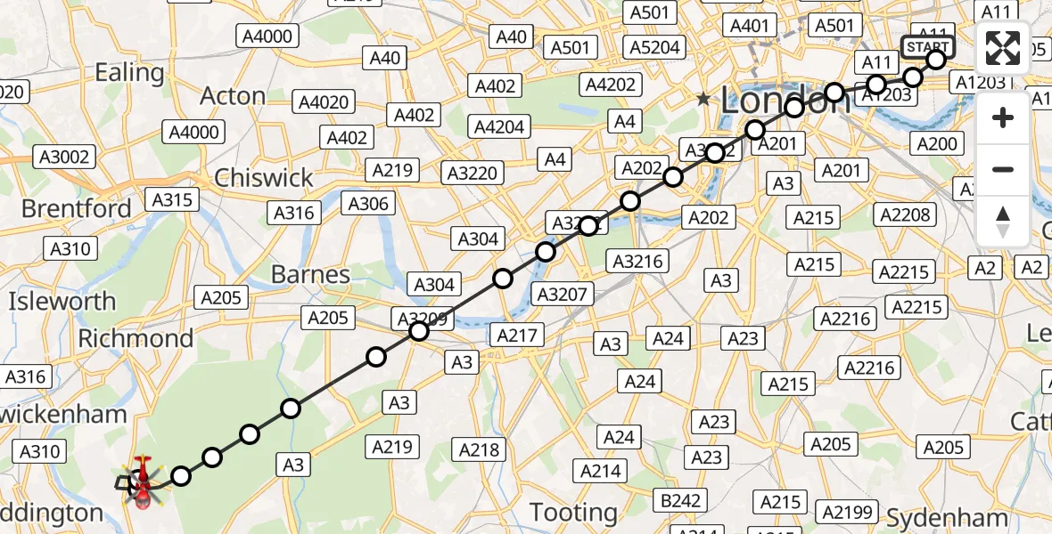 Flight route Air Ambulance Helicopter Royal London Hospital - Petersham, 21 June 2026, 16:07